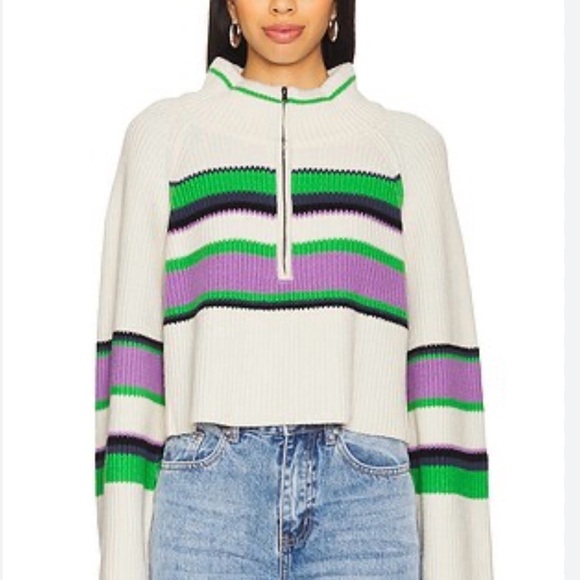 Free People Sweaters - Free People Cream Cropped Turtleneck Sweater with Green & Purple Stripes